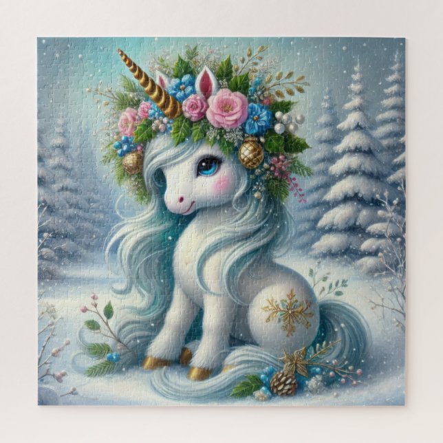 Weihnachtsweiße Einhorn mit Goldhorn (Vertikal)