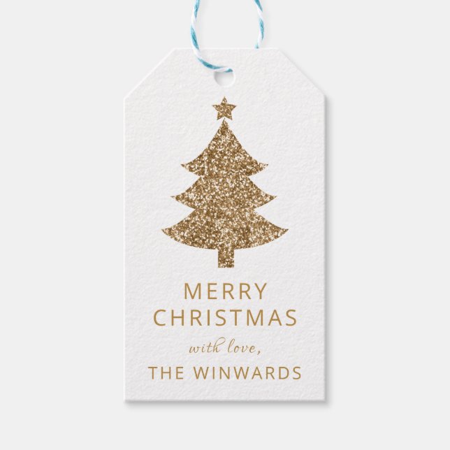 Weihnachtsweiße & goldene Glitzer Weihnachtsbaum Geschenkanhänger (Vorderseite)