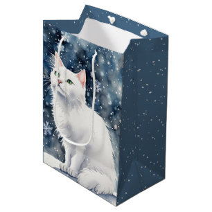 Weihnachtsweiße Katze in Schneeflocken Mittlere Geschenktüte