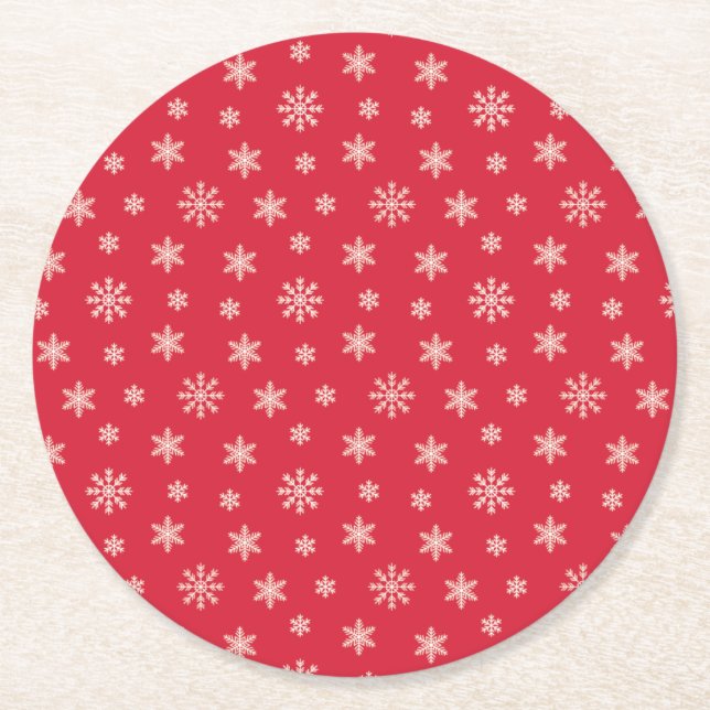 Weihnachtsweiße Schneeflocken, modernes Muster rot Runder Pappuntersetzer (Vorderseite)
