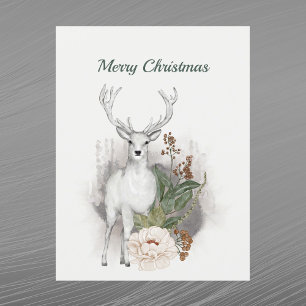 Weihnachtsweißhirsch-Blumen-Aquarell Feiertagspostkarte