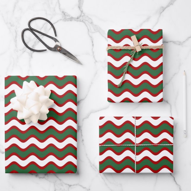 Weihnachtswelle Streifen Muster Rot Grün Weiß Geschenkpapier Set (Vorderseite)