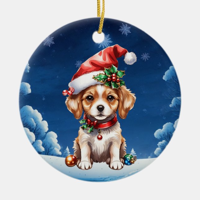 Weihnachtswelpen Keramik Ornament (Vorne)