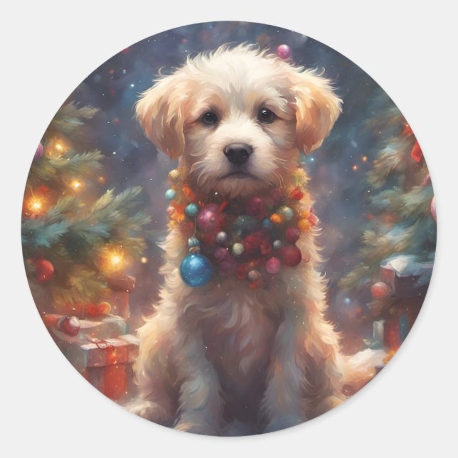 Weihnachtswelpen Runder Aufkleber (Vorderseite)