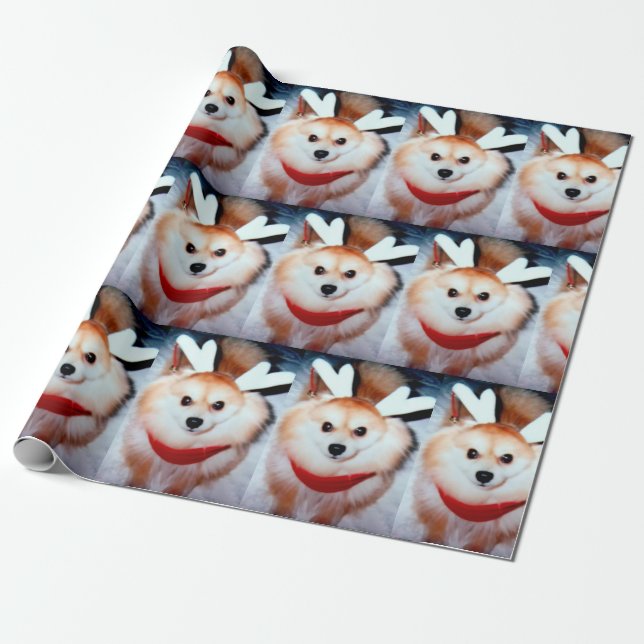 Weihnachtswelpen Spitz Custom Foto Geschenkpapier (Ungerollt)