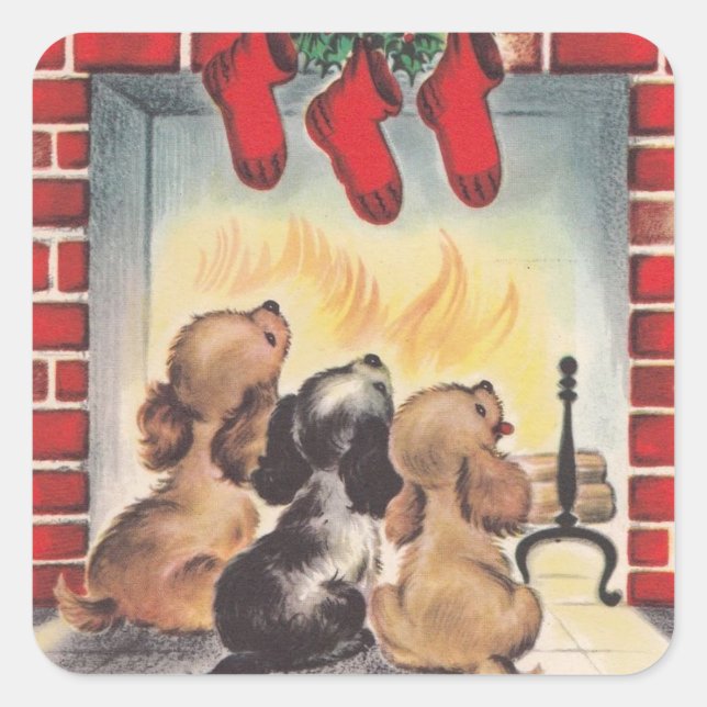 Weihnachtswelpen warten auf Weihnachten Quadratischer Aufkleber (Vorderseite)