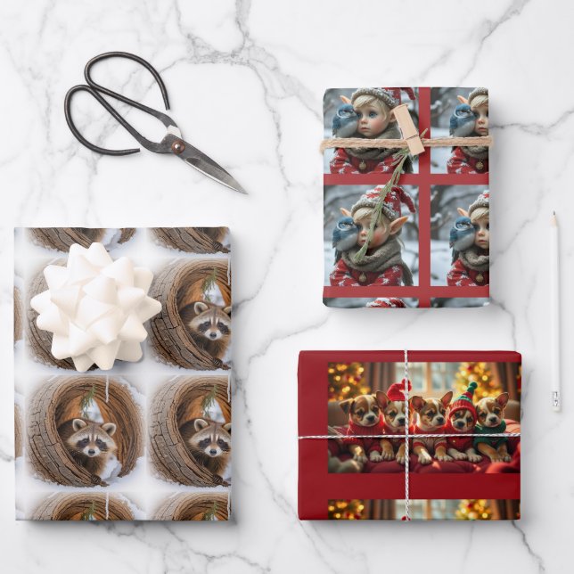 Weihnachtswelpen, Waschbär, Elf Geschenkpapier Set (Vorderseite)
