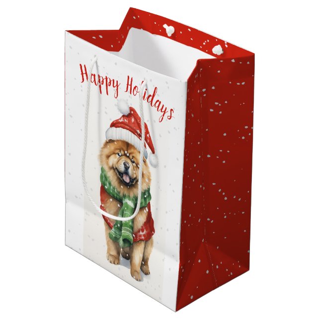 WeihnachtsWie Chow Chow in Schneeflocken Mittlere Geschenktüte (Vorderseite Schrägansicht)