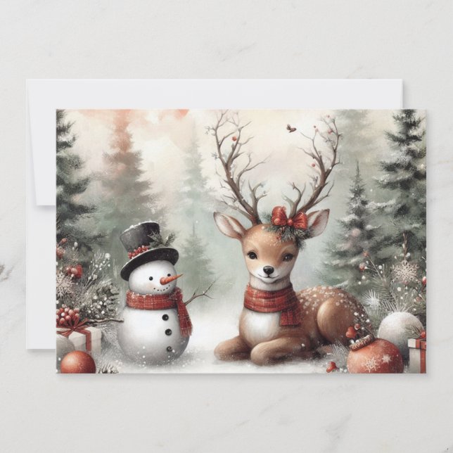 Weihnachtswild/Schneemann im klassischen Wald Feiertagskarte (Vorderseite)
