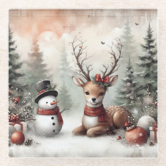 Weihnachtswild/Schneemann im klassischen Wald Glasuntersetzer (Vorderseite)