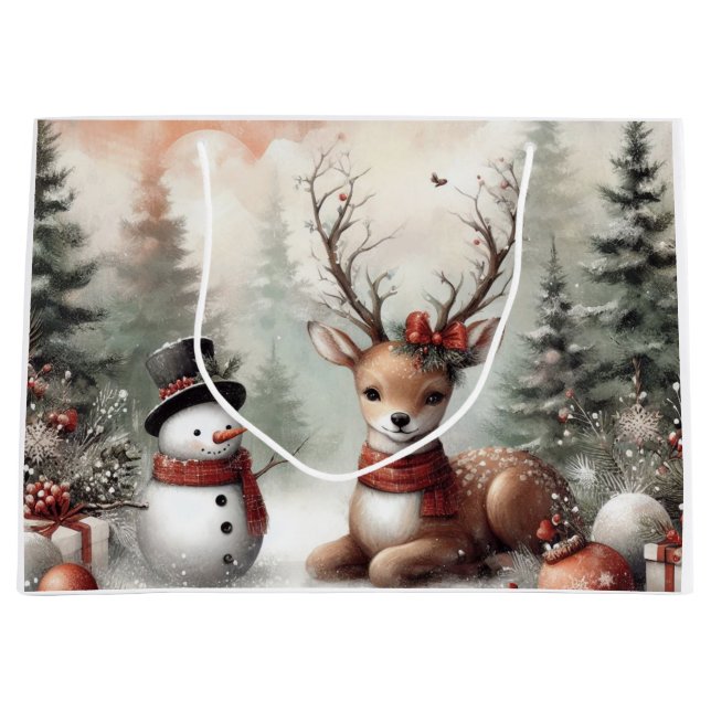 Weihnachtswild/Schneemann im klassischen Wald Große Geschenktüte (Vorderseite)