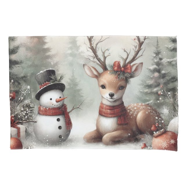 Weihnachtswild/Schneemann im klassischen Wald Kissenbezug (Vorderseite)