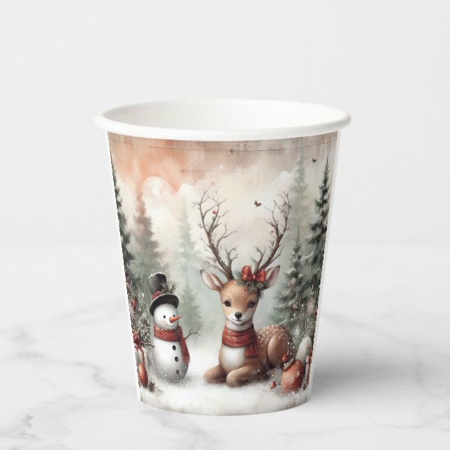 Weihnachtswild/Schneemann im klassischen Wald Pappbecher (Vorderseite)