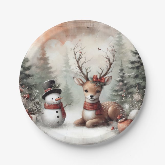 Weihnachtswild/Schneemann im klassischen Wald Pappteller (Vorderseite)