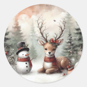 Weihnachtswild/Schneemann im klassischen Wald Runder Aufkleber