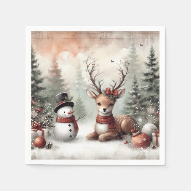 Weihnachtswild/Schneemann im klassischen Wald Serviette (Vorderseite)