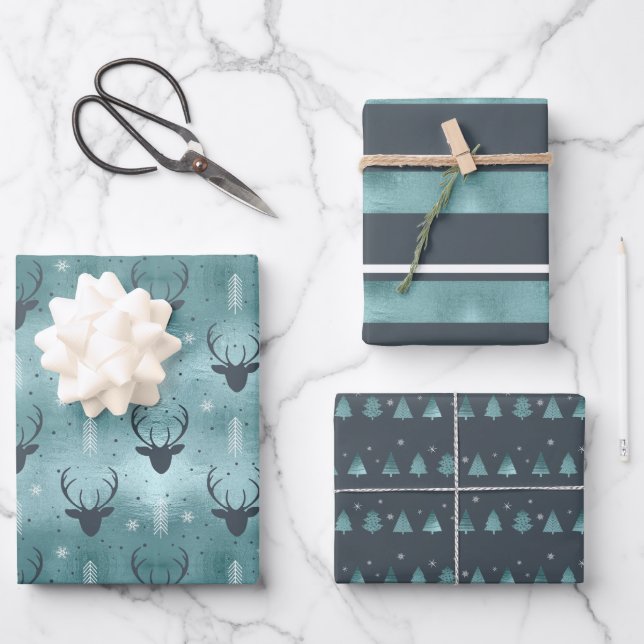 Weihnachtswildflechte, Streifen, Bäume Aquamarin I Geschenkpapier Set (Vorderseite)