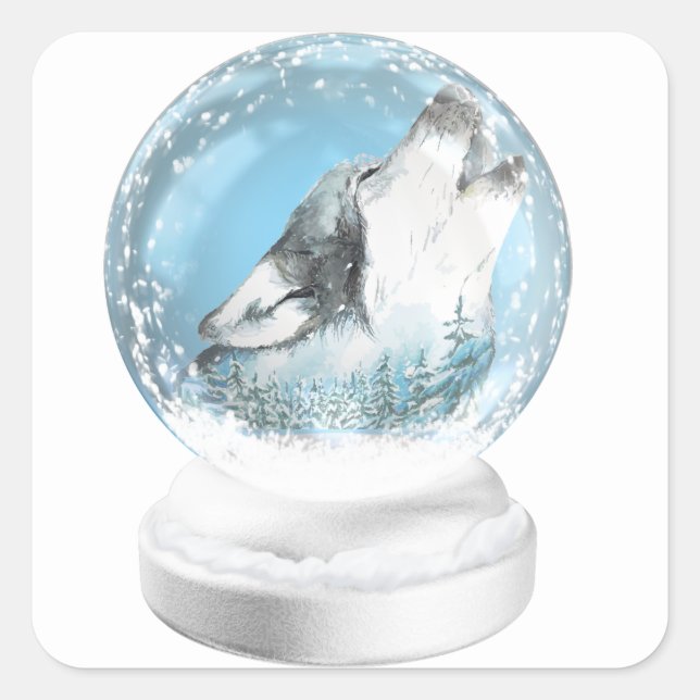 Weihnachtswolf im Winter Schneeglobe Quadratischer Aufkleber (Vorderseite)
