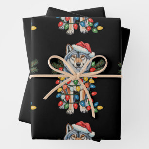 Weihnachtswolf Santa Hut Xmas Lichter Tierliebhabe Geschenkpapier Set
