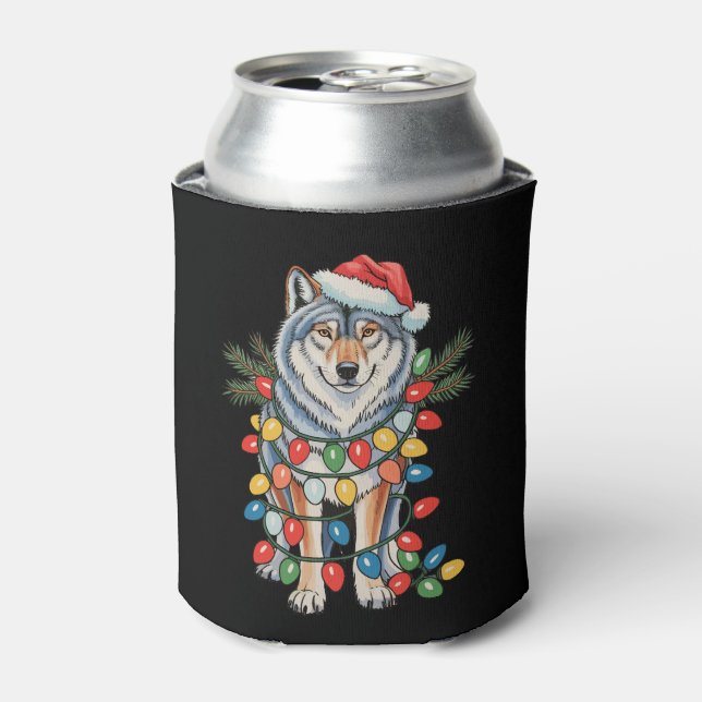Weihnachtswolf Weihnachtsmannmütze Xmas Lights Tie Dosenkühler (Kanne Vorderseite)
