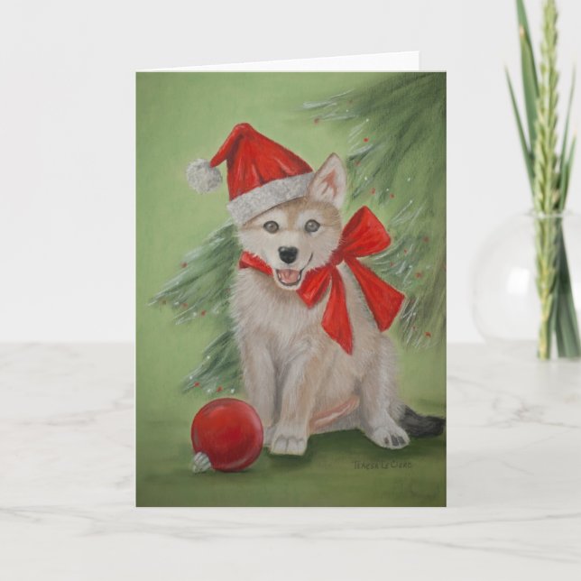 Weihnachtswolf-Welpen-Gruß-Karte Feiertagskarte (Vorderseite)