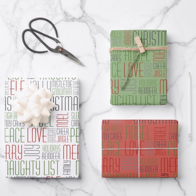 Weihnachtswörter Geschenkpapier Set (Vorderseite)