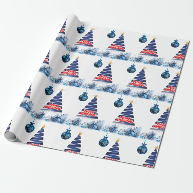 Weihnachtswrapping Paper Merry Blue Tree Geschenkpapier (Ungerollt)