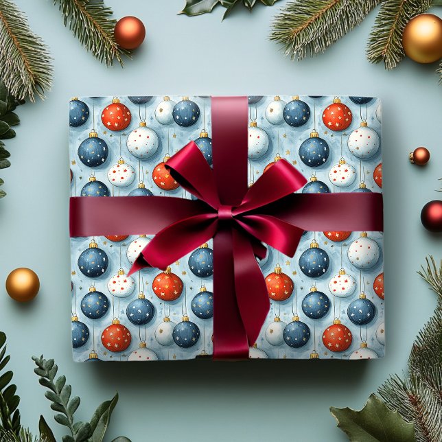 Weihnachtswrapping Paper Red White & Blue Ornament Geschenkpapier (Von Creator hochgeladen)