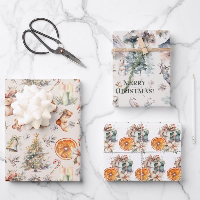 Weihnachtswrapping Paper Set von 3 Designs Geschenkpapier Set (Vorderseite)