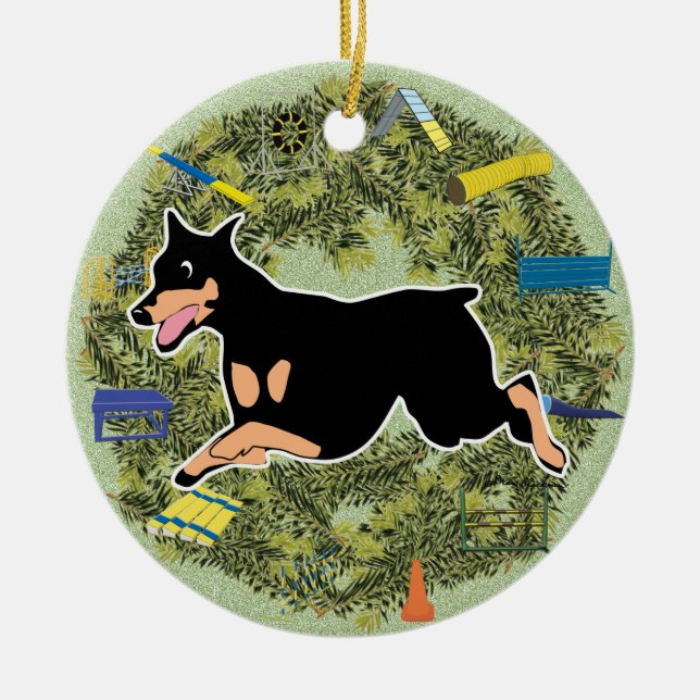 Weihnachtswreath-Agility-Dobermann Keramik Ornament (Vorne)