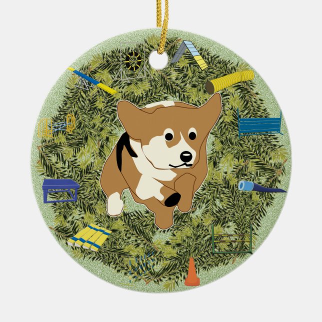 Weihnachtswreath-AgilityCorgi Keramik Ornament (Vorne)