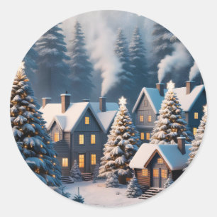 Weihnachtswunder-Dorf im Nachtwald Runder Aufkleber