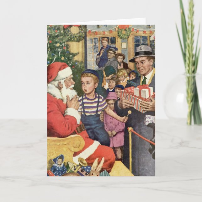 Weihnachtswunsch, Junge auf Weihnachtsmann Feiertagskarte (Vorderseite)