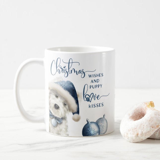 Weihnachtswünsche, Hund über Weihnachtsgeschenk, B Kaffeetasse (Mit Donut)