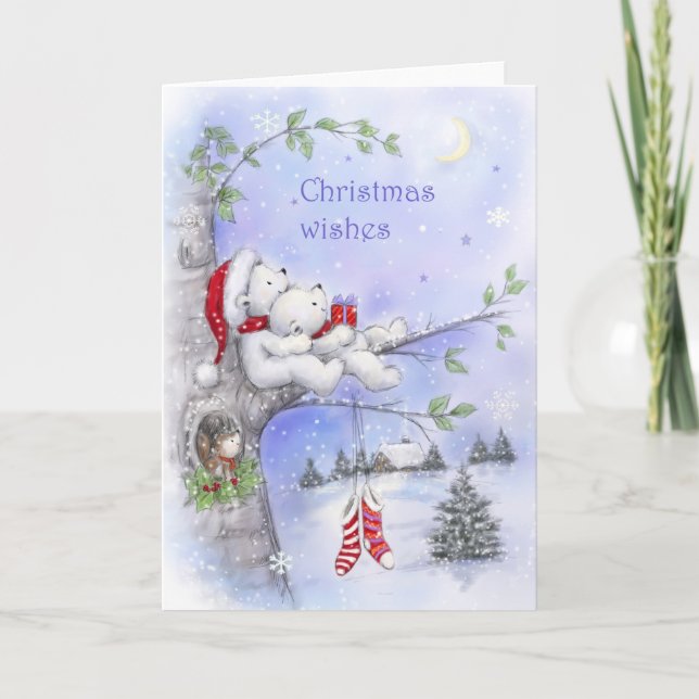 Weihnachtswünsche, Romantisches Bärenpaar auf Baum Karte (Vorderseite)