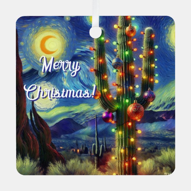 Weihnachtswüste Saguaro Cactus Holiday Card Ornament Aus Metall (Vorderseite)