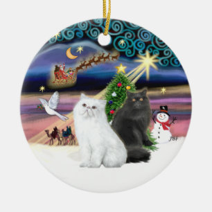 Weihnachtszauber - Zwei Perserkatzen (weiß + schwa Keramik Ornament