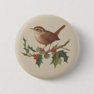 Weihnachtszaunkönig auf Stechpalmenzweig Weihnacht Button