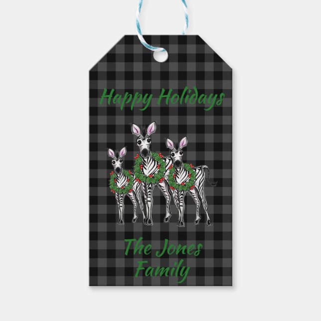 Weihnachtszebras, Weihnachtskranz, grau kariert Geschenkanhänger (Vorderseite)