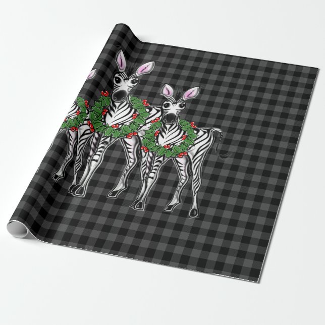 Weihnachtszebras, Weihnachtskranz, grau kariert Geschenkpapier (Ungerollt)