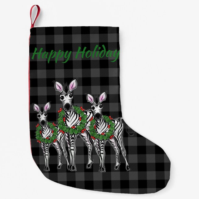 Weihnachtszebras, Weihnachtskranz, grau kariert Kleiner Weihnachtsstrumpf (Vorderseite)