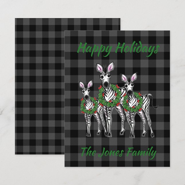 Weihnachtszebras, Weihnachtskranz, grau kariert Mitteilungskarte (Vorne/Hinten)