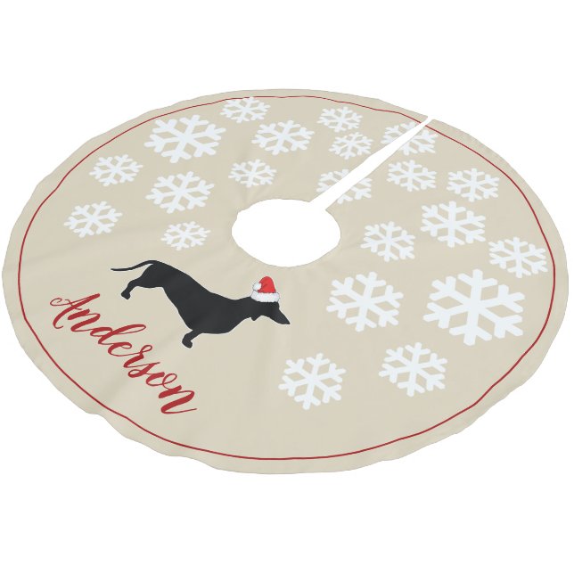 Weihnachtszeit - Dackel und Weihnachtsmannmütze| P Polyester Weihnachtsbaumdecke (Schrägansicht)