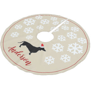 Weihnachtszeit - Dackel und Weihnachtsmannmütze Polyester Weihnachtsbaumdecke