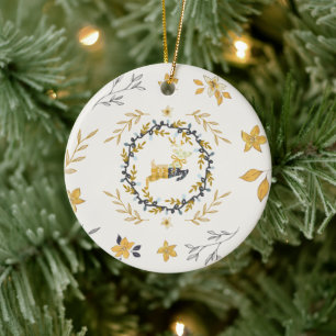 Weihnachtszeit Hirsch Gelbe Creme Floral Keramik Ornament