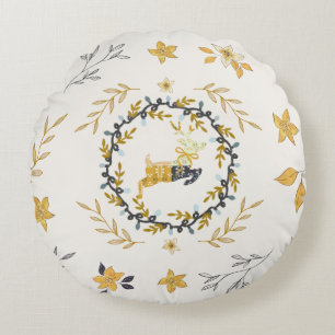 Weihnachtszeit Hirsch Gelbe Creme Floral Rundes Kissen