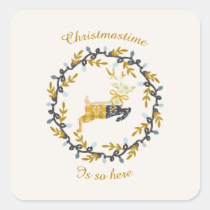Weihnachtszeit Hirsch & Kranz Gelb Creme Quadratischer Aufkleber