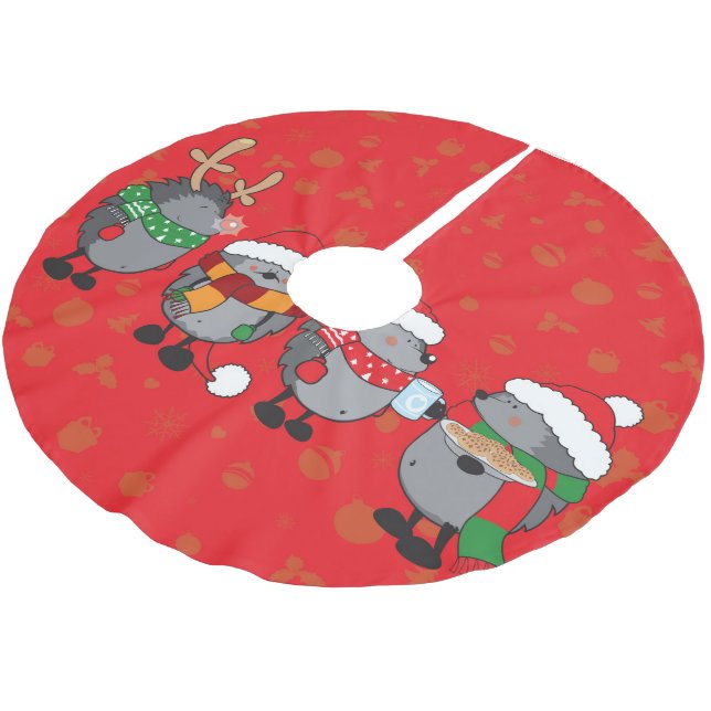Weihnachtszeit-Igel Polyester Weihnachtsbaumdecke (Schrägansicht)