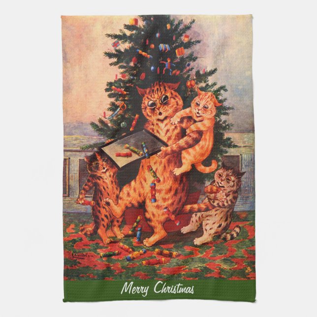 Weihnachtszeit in Catland Louis Wain Geschirrtuch (Vertikal)
