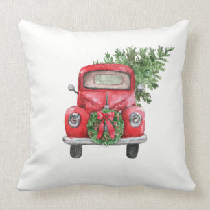 Weihnachtszeit Vintager roter Lkw mit Baum Kissen